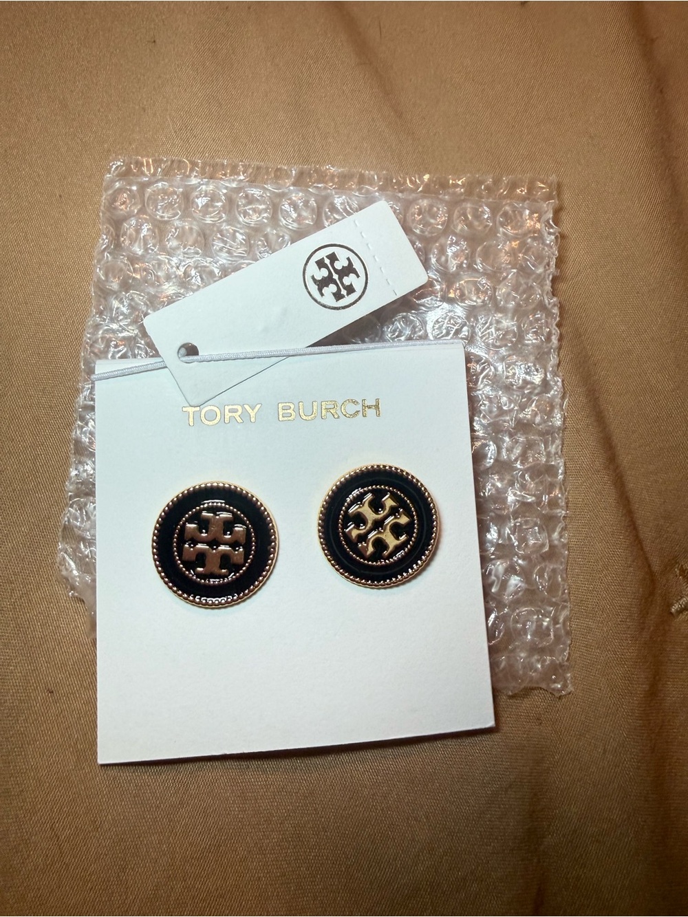 Tory Burch Black and Gold Round Logo Stud Earrings